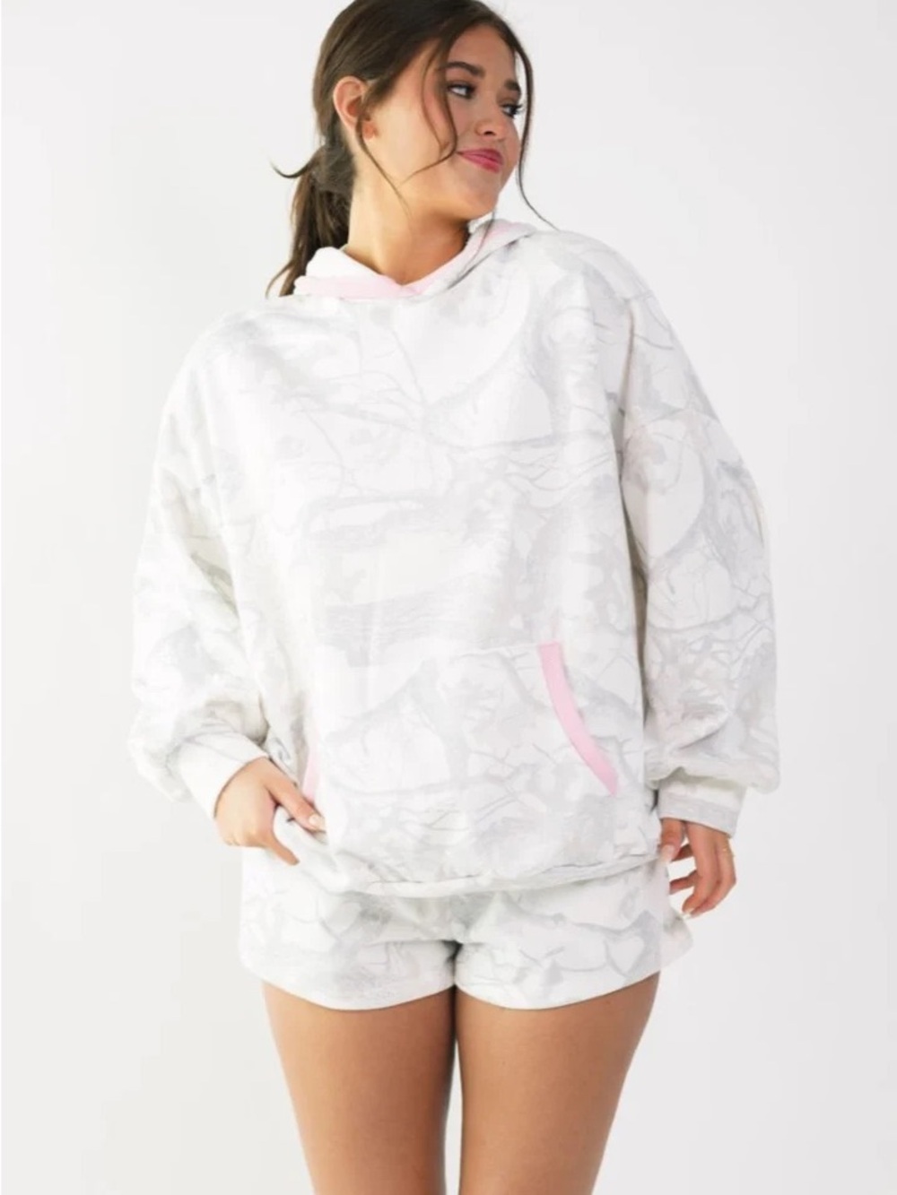 BUCKETLIST White and Pink Camo Crewneck Top